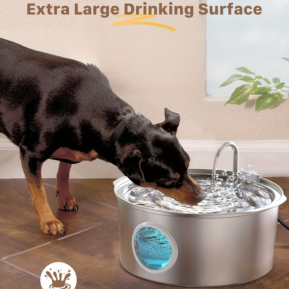 7L Pet Water Fountain with Stainless-Steel-Marked Basin, Water-Level Window and Dual Arched Outlets