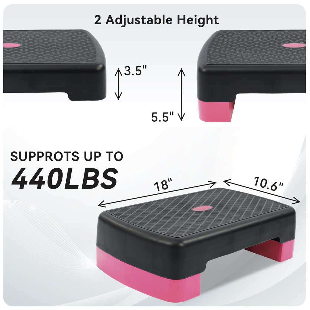 Aerobic Step Platform Adjustable Height with 2 Risers – Non-Slip Workout Stepper 18"x11", 440 LB Capacity