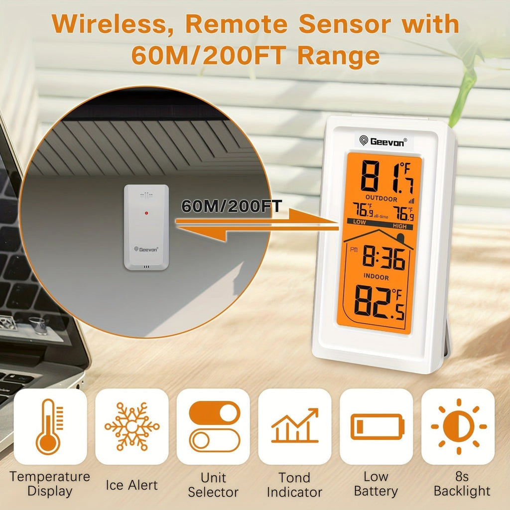 Indoor Outdoor Thermometer Hygrometer – Temperature Humidity Meter with Time Display, 48Hr History, Backlight & Ice Warning