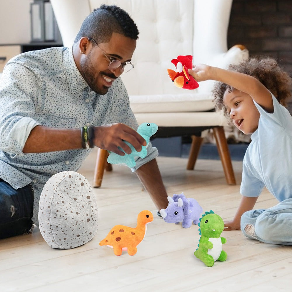 Plush Toy Five-Pack Mini Dinosaur Set with 5 6-Inch Dinos and Green Egg Carrying Case for Display