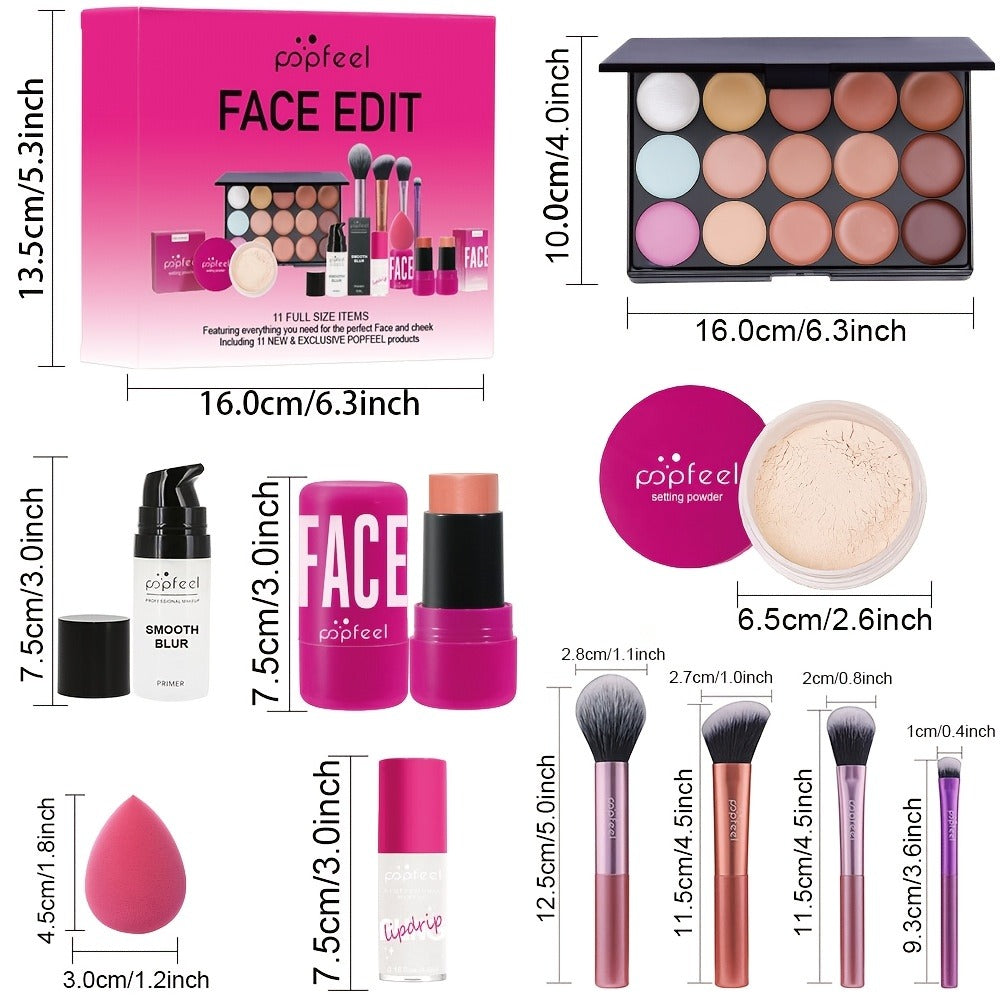 Pink Face Makeup Set with 15-Pan Face Palette, 9-Pan Color Palette, Four Brushes and Lip, Eye and Powder Products