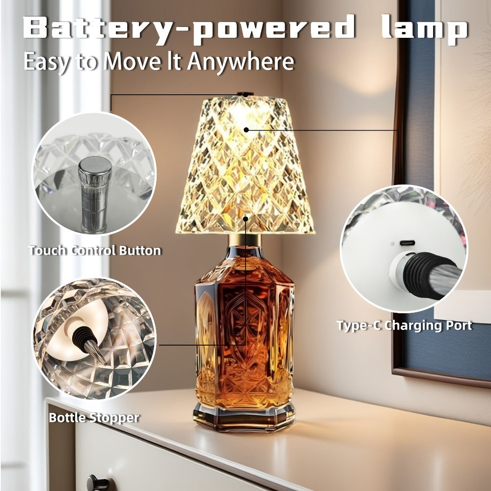 Rechargeable LED Bottle Table Lamp 2 Pack – Crystal Acrylic Wine Bottle Design, 2000mAh Cordless, 3 Color Modes