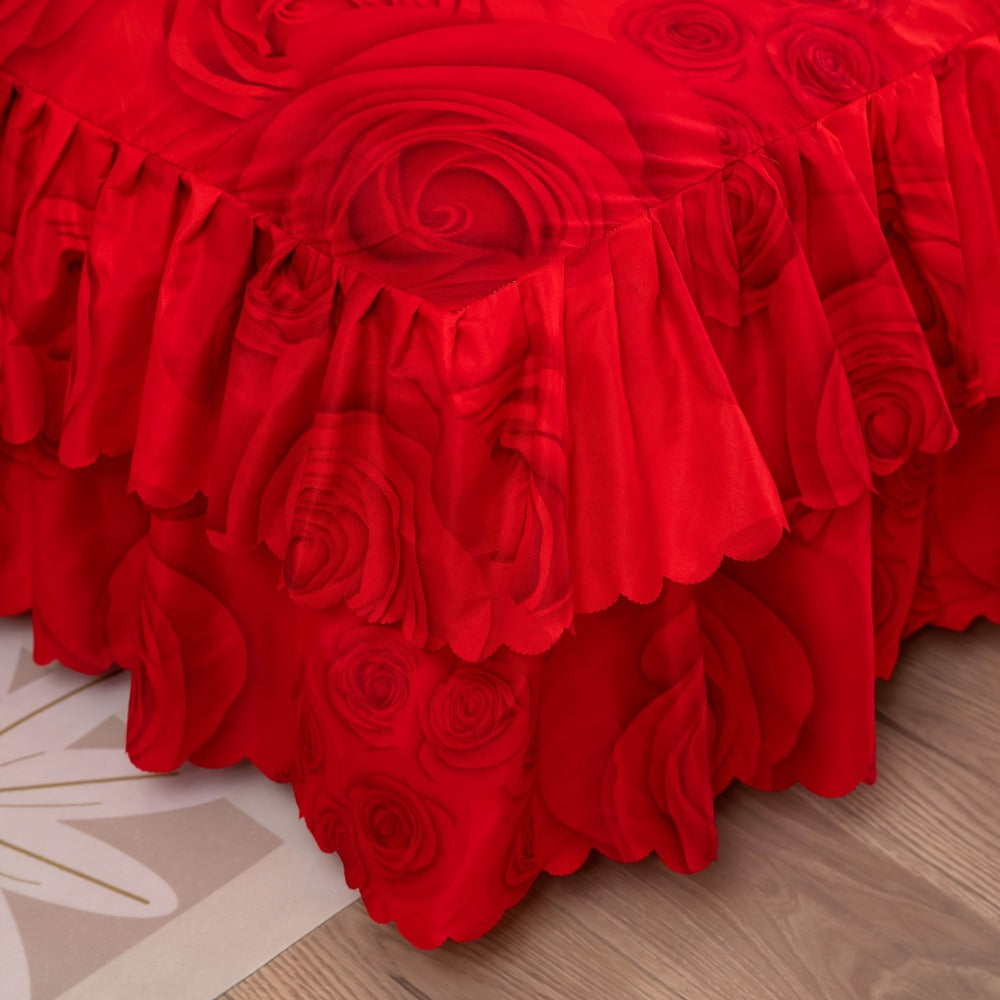 Floral Bed Skirt Set 3 Piece Tropical Print Ruffle Bed Skirt with 2 Pillowcases All-Season Polyester Machine Washable Bedroom Bedding Set