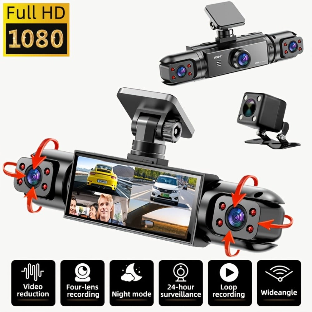 360° Panoramic Dash Cam 3 & 4 Lens 1080P HD Front + 720P Rear Left Right, Quad-Split Screen, HD Night Vision WDR G-Sensor Loop Recording