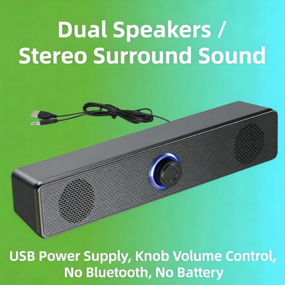 USB Wired Computer Soundbar Speaker for PC Desktop Laptop Monitor, Stereo Surround Sound Bar with Knob Volume Control