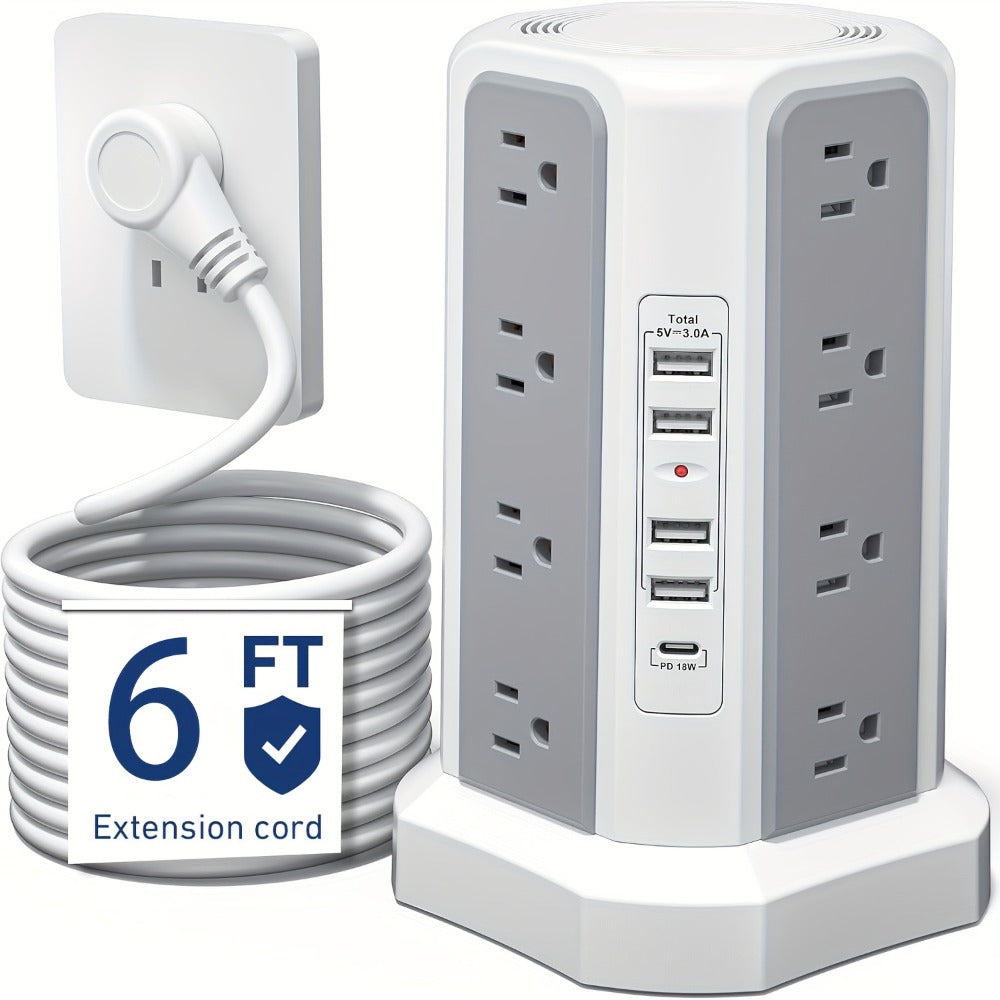 PD18W USB-C Power Strip Tower 21-in-1, 16 AC Outlets & 5 USB Ports, 1500J Surge Protector, Angled Flat Plug