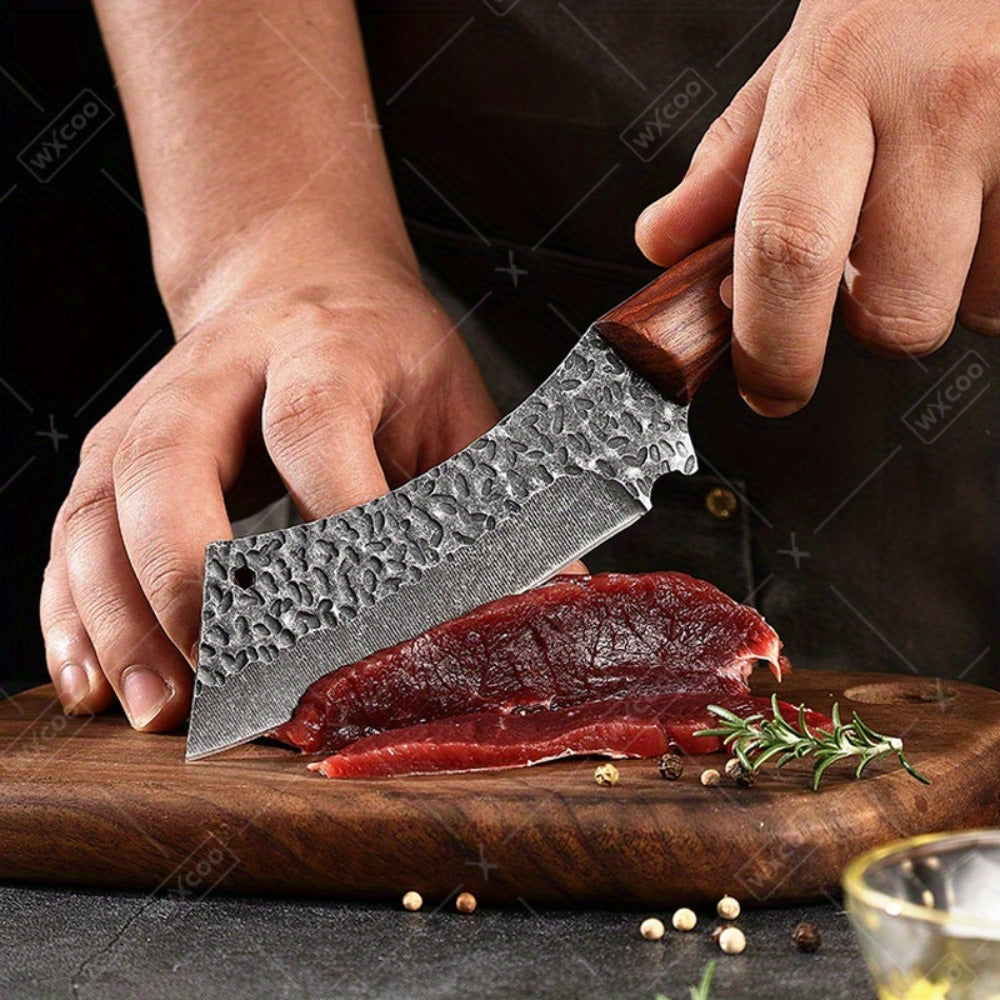 Viking Chef Knife Set 3/4pcs Hammered Stainless Steel Kitchen Knives – Boning, Utility & BBQ Knife with Wooden Handle for Cooking