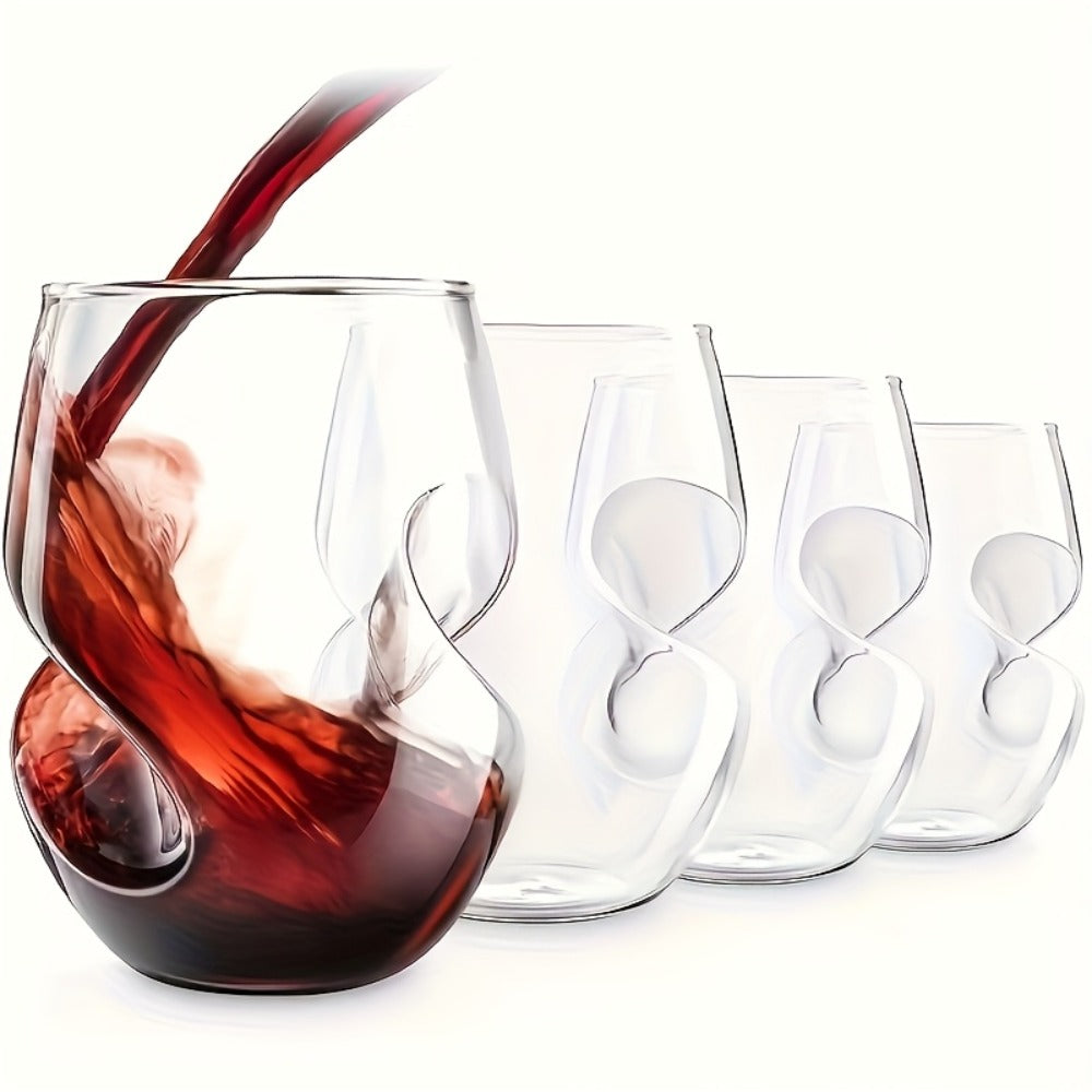 Curved Stemless Drinking Glasses, Two-Piece Clear Set with Sculpted Side Grips and 4.72-Inch Height