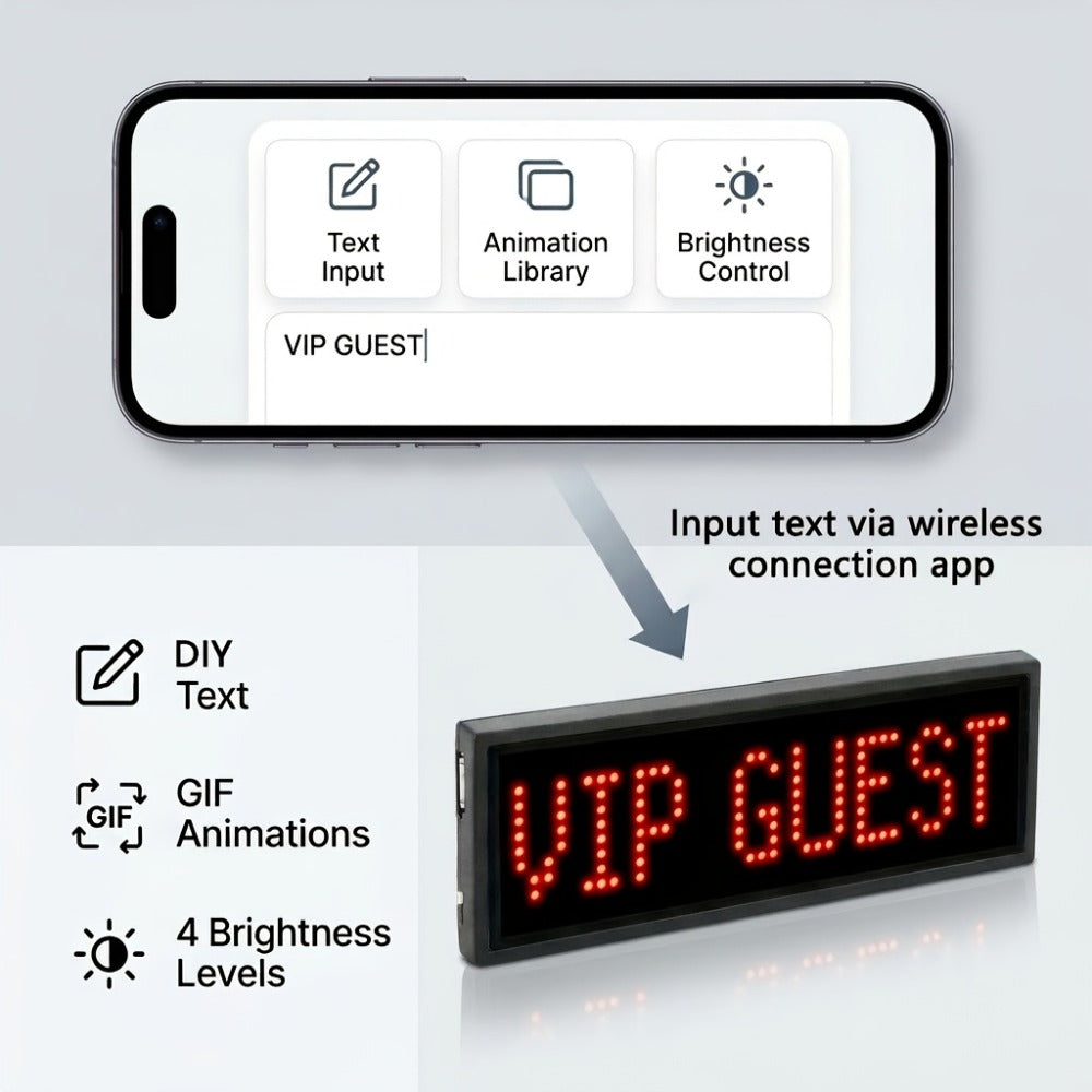 Programmable LED Badge Bluetooth App Controlled, Rechargeable Scrolling Text & Logo Display, 48x12 Pixel LED Name Tag for Events