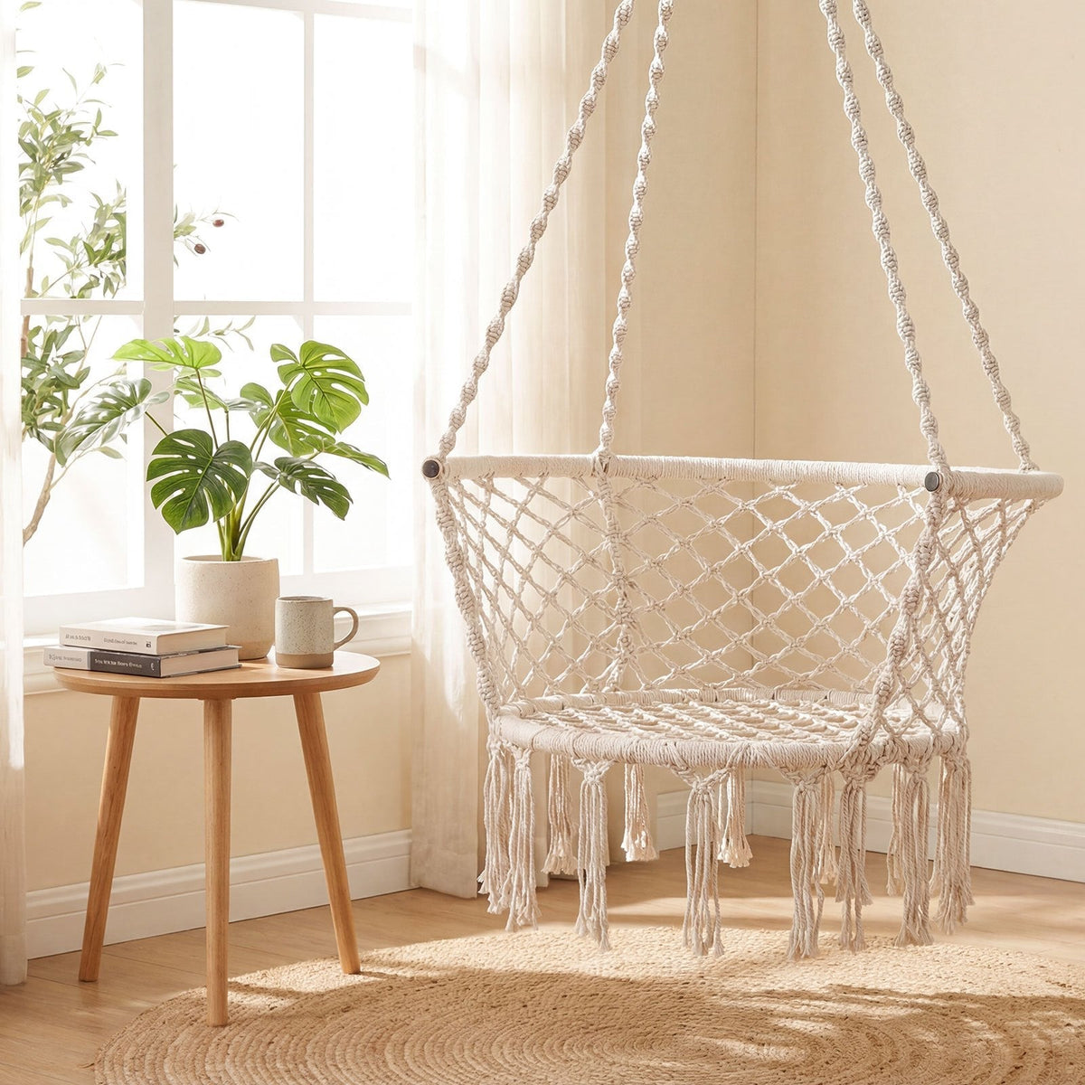 Beige Macrame Hammock Chair with Cotton Rope, Metal Frame and 31.5 x 26-Inch Hanging Seat Design