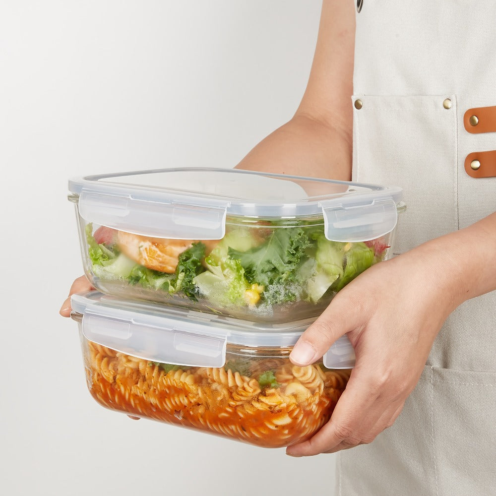 Food Storage Containers Two-Pack 63 oz Glass Set with Snap-Lock Lids in Gray or Green for Oven and Microwave Use