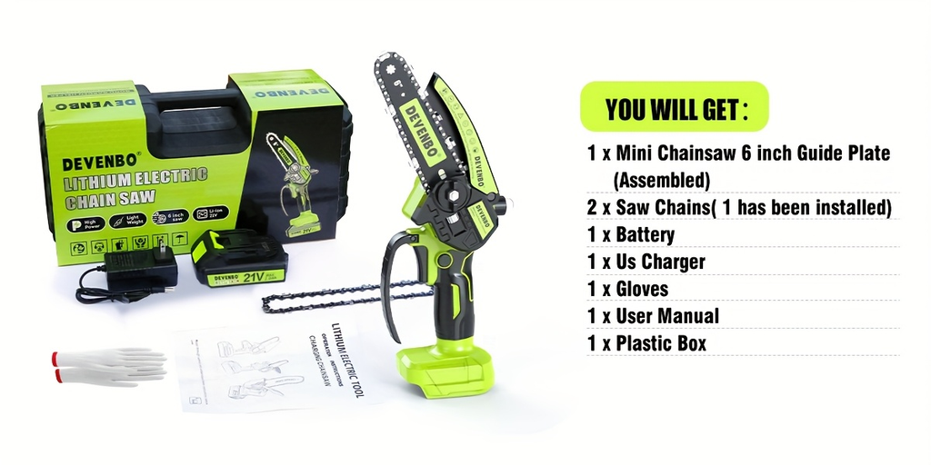 Cordless Mini Chainsaw 6-Inch, Handheld Pruning Saw with Rechargeable Battery, Adjustable Chain Tension