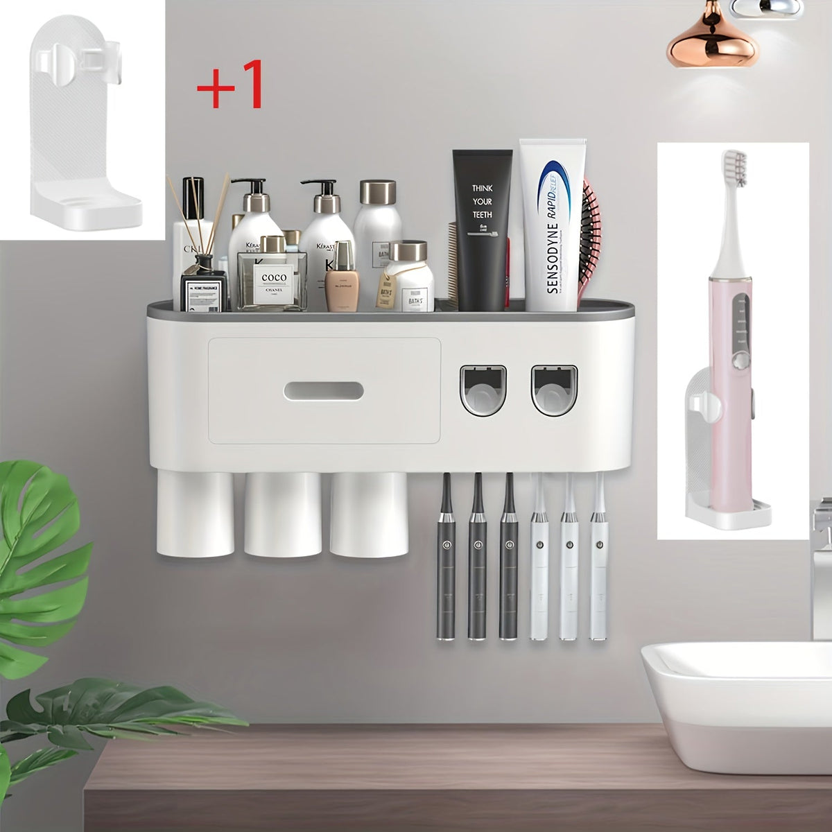 Wall-Mounted Toothbrush Organizer with Dispenser, Side Brush Stand and Two- or Three-Cup Options
