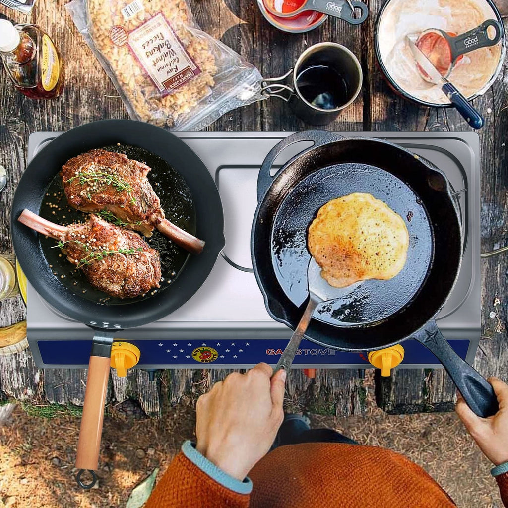 Propane Camping Stove Single & Double Burner, Stainless Steel Gas Cooker with Auto Ignition for Outdoor Cooking