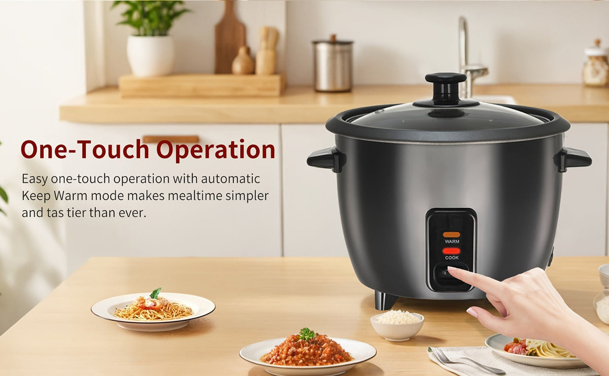 Three-Cup Uncooked / Six-Cup Cooked Rice Cooker with One-Touch Cook and Warm Modes, Inner Pot and Accessories