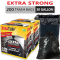 30-Gallon / 113.5-Liter Black Trash Bags, 200-Count Pack in Four Rolls and Two Boxes with Tie Handles