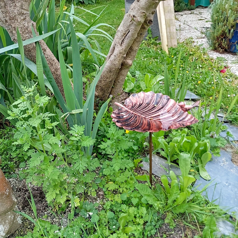 Sculpted Big-Leaf Bird Bath with Ground Stake in Single or Two-Piece Options for Garden Use