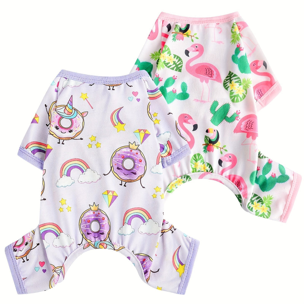 Two-Pack Dog Pajama Jumpsuits with Four Printed Pair Options and Complete XS–XXL Size Grid