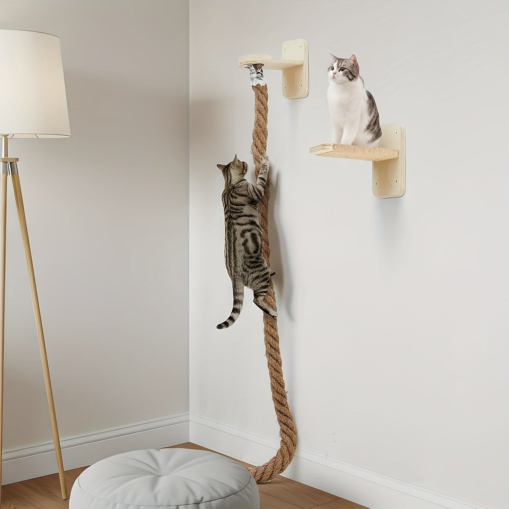 Wall-Mounted 60in Cat Climbing Rope Set with Upper Bracket, Lower Anchor and Small Wood Perch