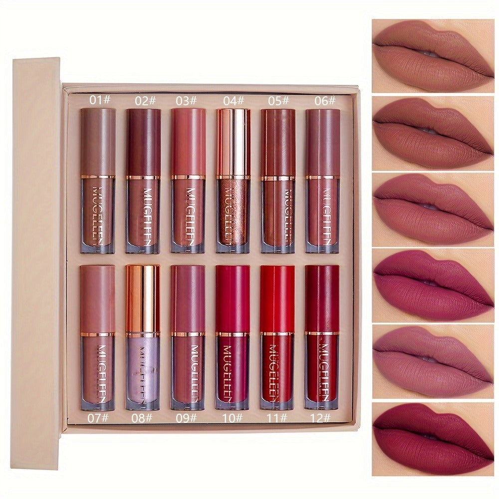 Lip Gloss Set by MUGE LEEN with 12 Mixed Nude, Pink and Red Lip Colors in a Presentation Box
