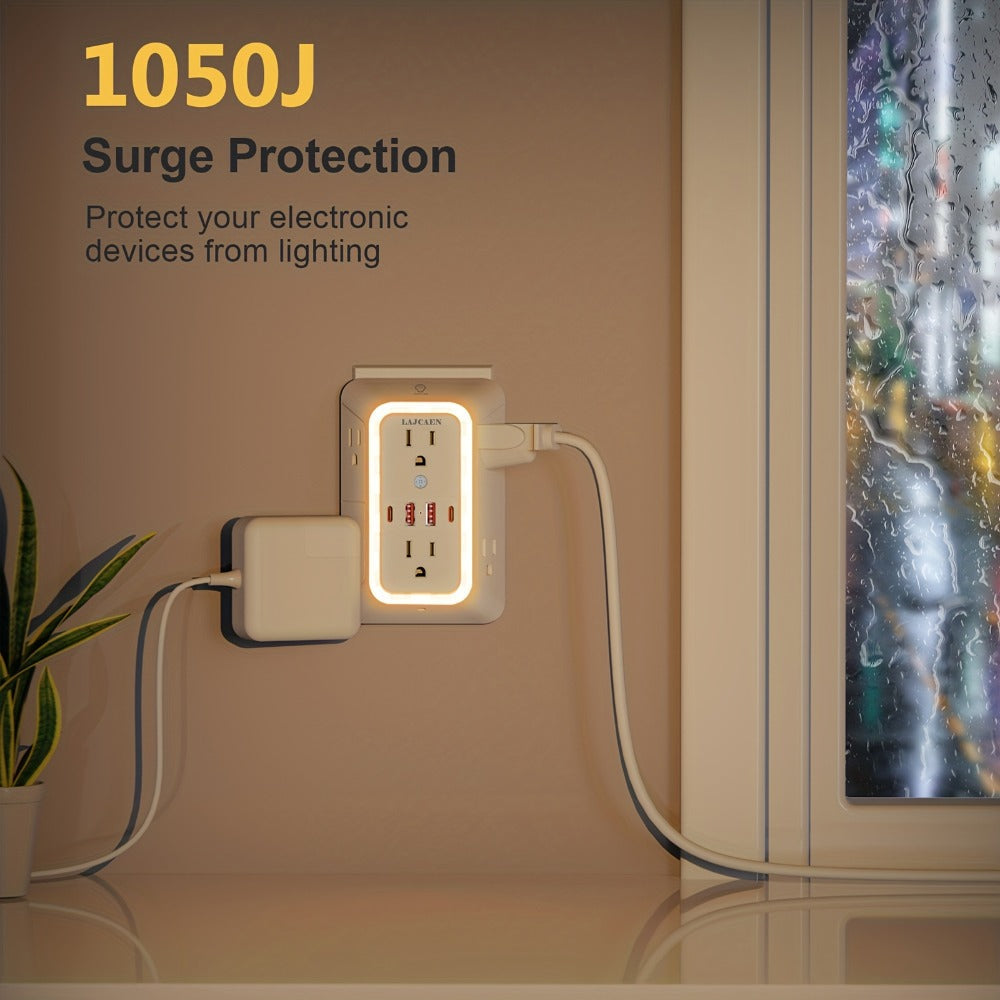Outlet Splitter Wall Expander 10-in-1 with 6 AC Outlets 2 USB-A 2 USB-C Ports 3-Sided Plug for an Everyday Personal Care Routine