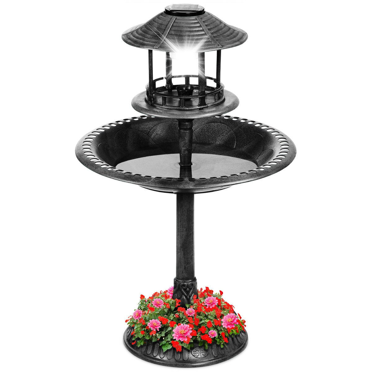 Solar Lighted Pedestal Bird Bath Black