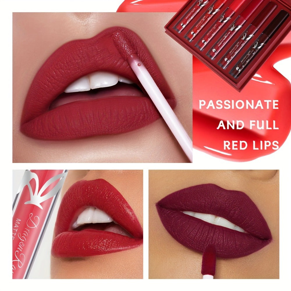 Lip Gloss Set by Dragon Ranee with 6 Red-Tone Matte Lip Colors, Tube Applicators and Gift Box