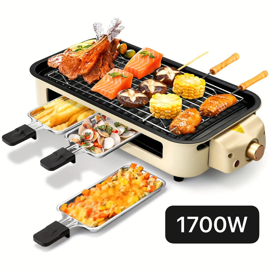 Indoor Electric Smokeless Grill 1700W with Raclette Pans, Non-Stick Plate, Portable Tabletop BBQ Griddle for Couples
