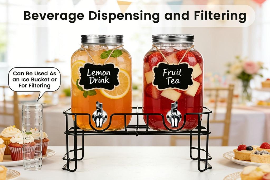 Two 1-Gallon Glass Beverage Dispensers with Spigots and Raised Metal Stand for Parties and Events