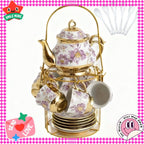 20-Piece Floral Ceramic Tea Set with Saucers & Metal Stand, European Afternoon Tea Service, Blooming Design