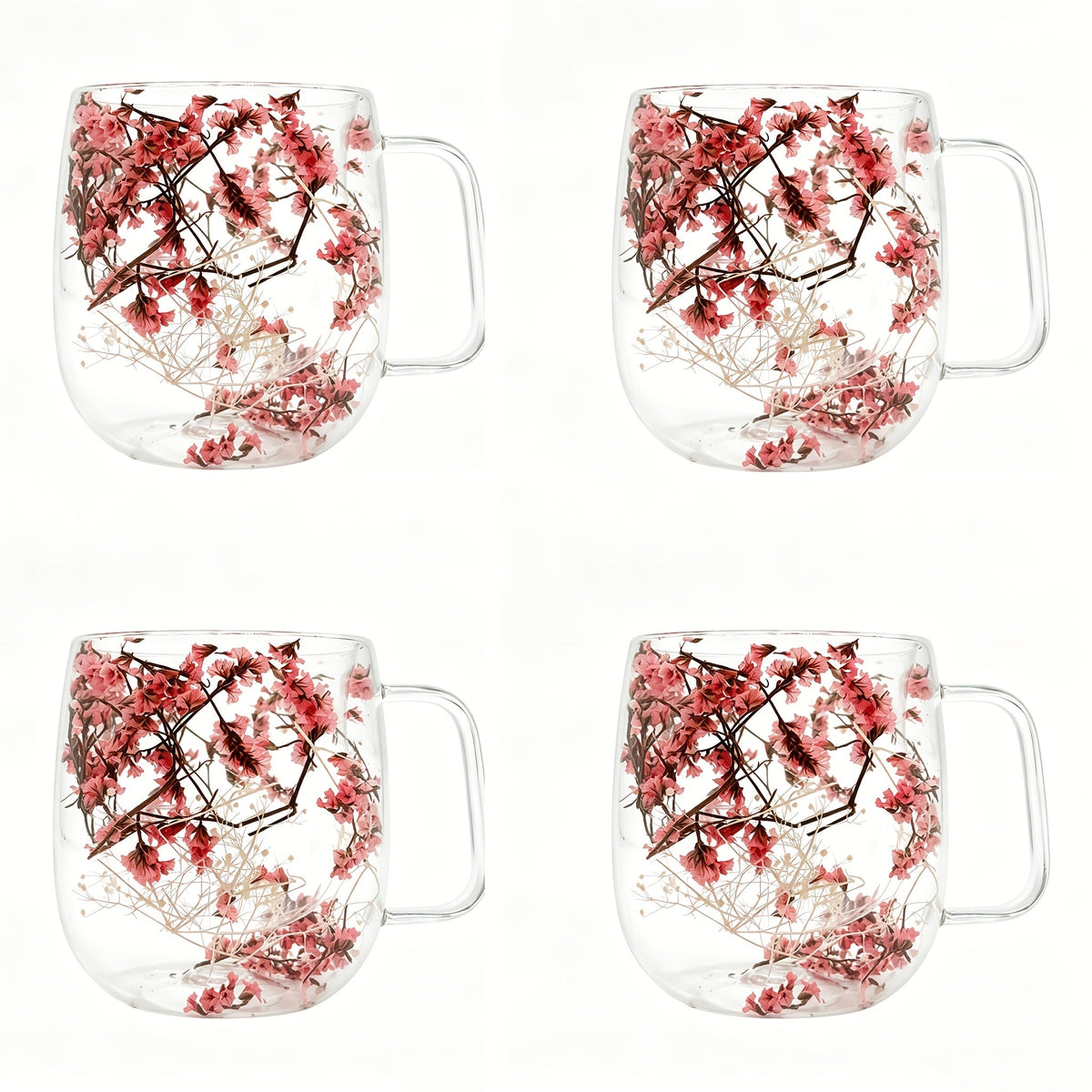 Double Wall Glass Coffee Cups with Handle Set of 4 – Borosilicate Thermal Mugs for Latte Cappuccino Tea | Dried Flower & Petal Design