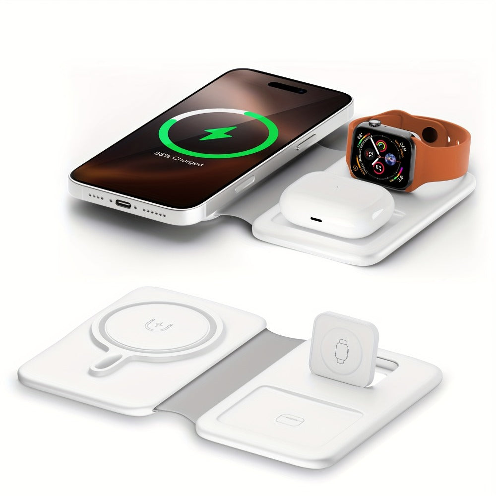 Foldable Three-Device Wireless Charging Station for Phone, Watch and Earbuds with Magnetic Supports