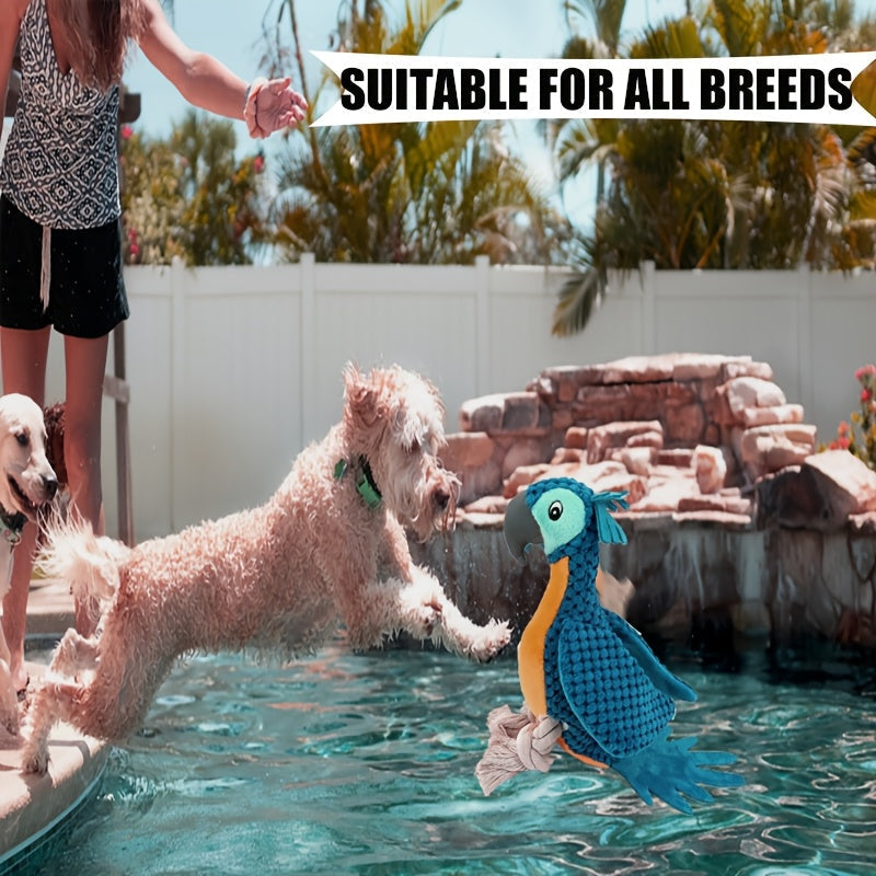 Blue Plush Parrot Dog Toy with Rope Legs and Tail, Built-In Squeaker and 14.7-Inch Pictured Height