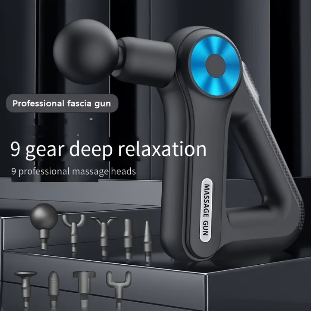 Triangular-Grip Massage Gun with Nine Attachments, Nine Gear Positions and Blue-Black or Gold-Black Finish