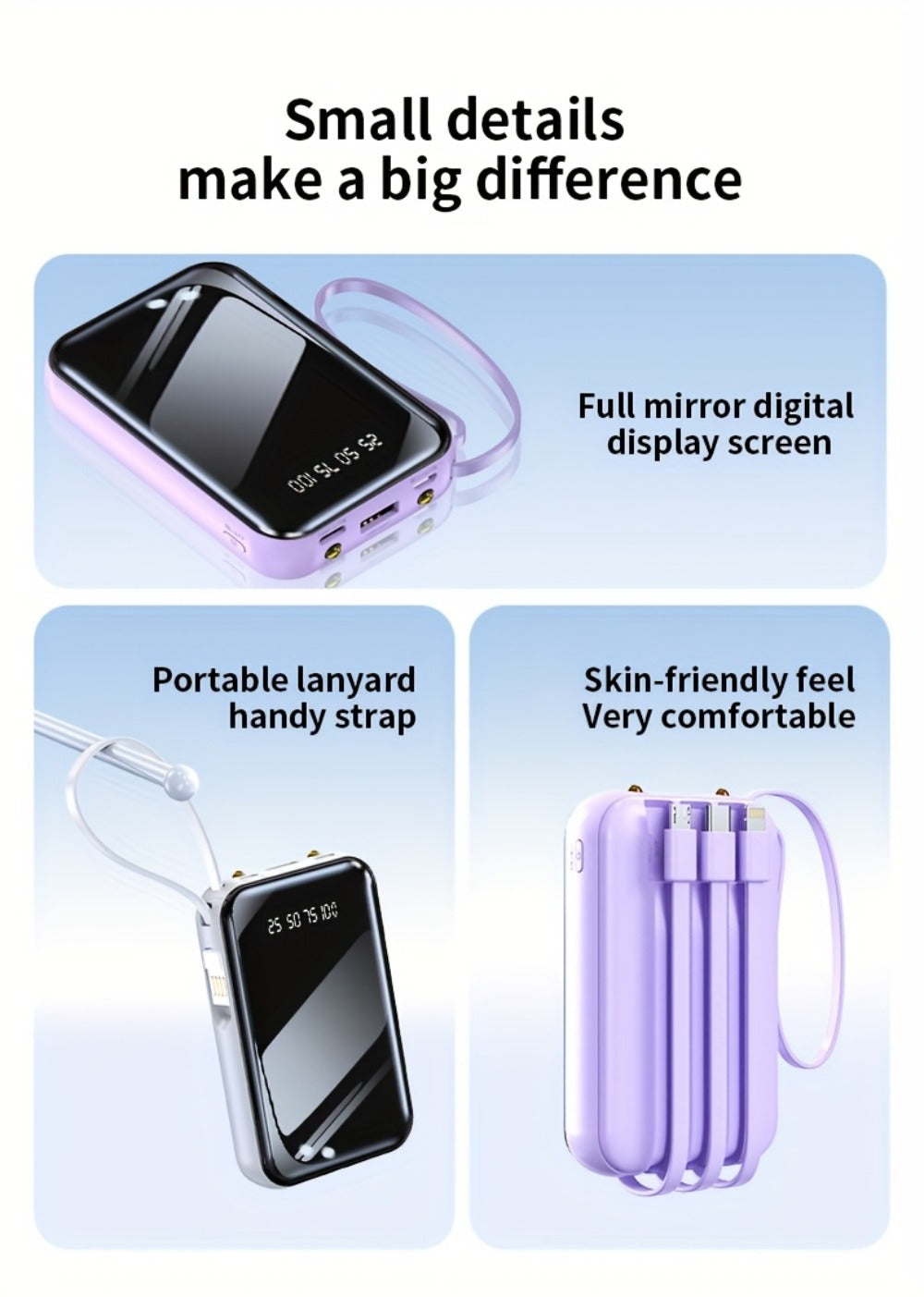 Power Bank 50000mAh 22.5W with Integrated Cable Array, Digital Display and LED Flashlight in Two Colors