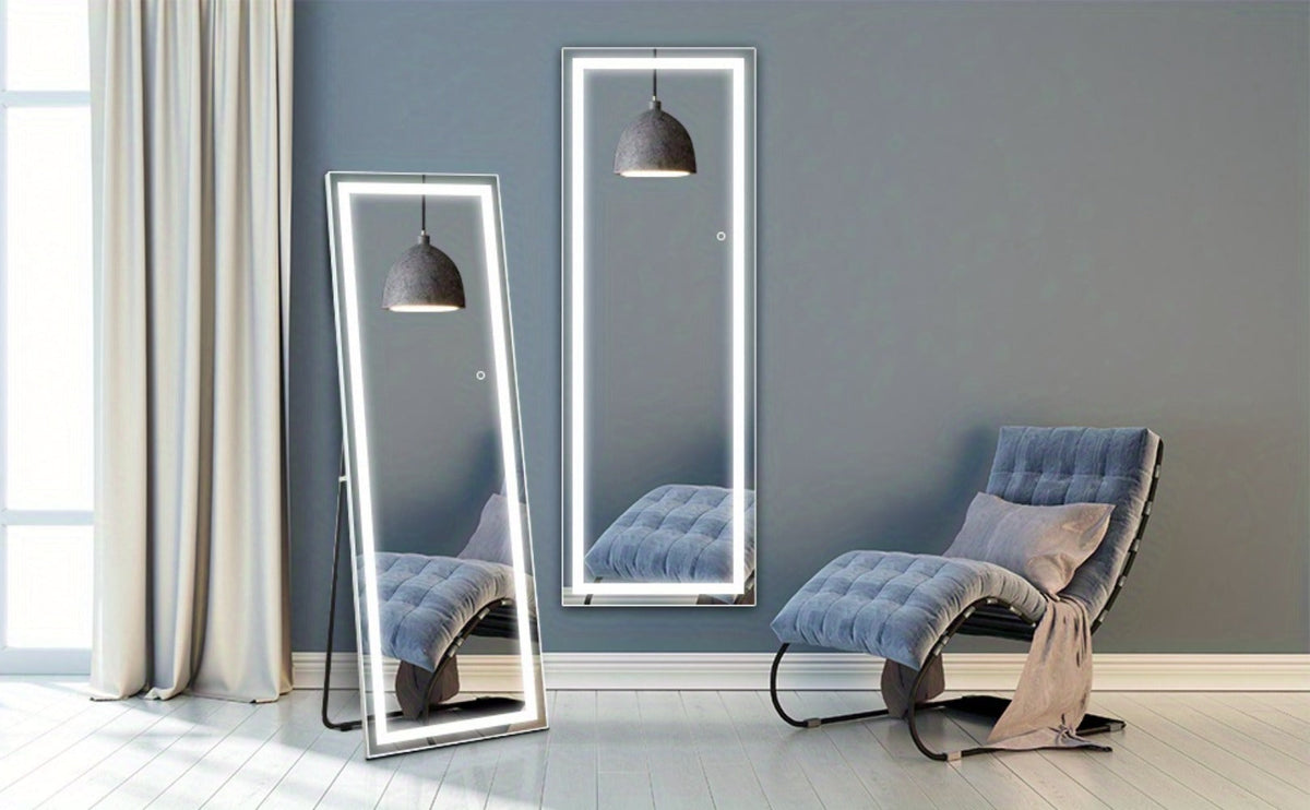 Full Length Mirror with LED Lights & Touch Sensor, 64"x21" Dimmable Smart Floor Mirror, Wall Mount or Freestanding