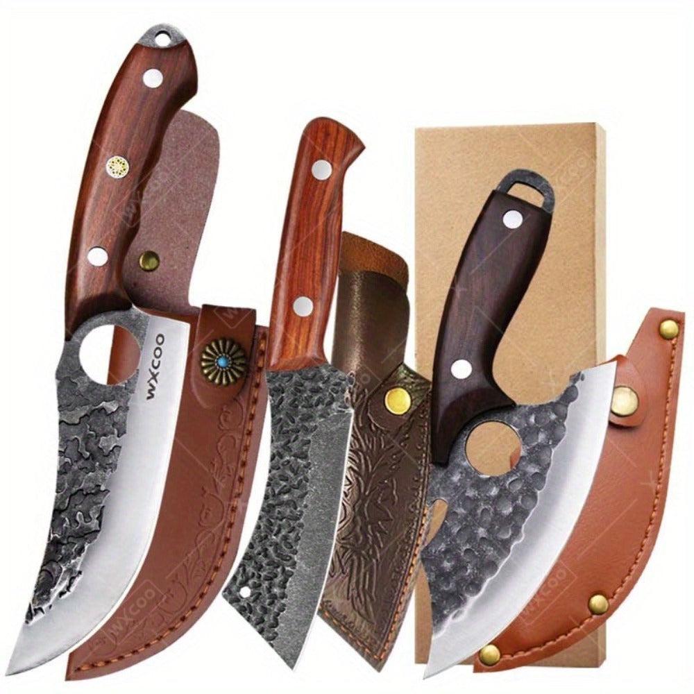 Viking Chef Knife Set 3/4pcs Hammered Stainless Steel Kitchen Knives – Boning, Utility & BBQ Knife with Wooden Handle for Cooking