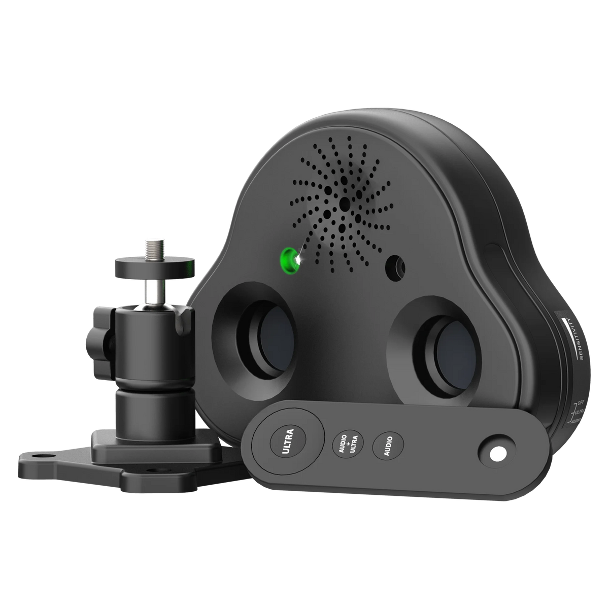 Ultrasonic bark control device displayed with a mounting bracket .