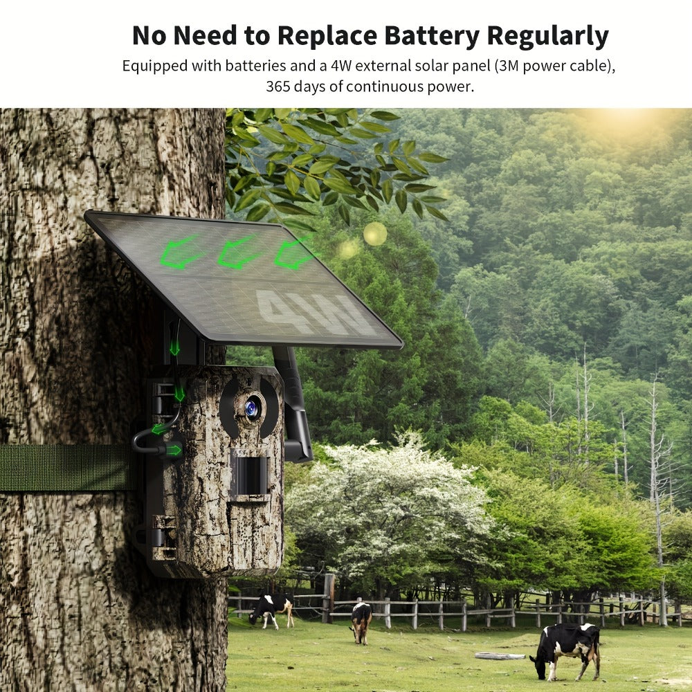 Solar Powered 4G Trail Camera 4K Live View 0.2s Trigger Speed 120° Wide Angle 850nm Night Vision No WiFi Needed Cellular Hunting Wildlife