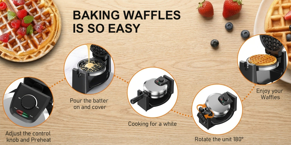 Belgian Waffle Maker 180° Rotating Flip Waffle Iron, Non-Stick Plates, Adjustable Browning Control, Removable Drip Tray, Cool Touch Handle