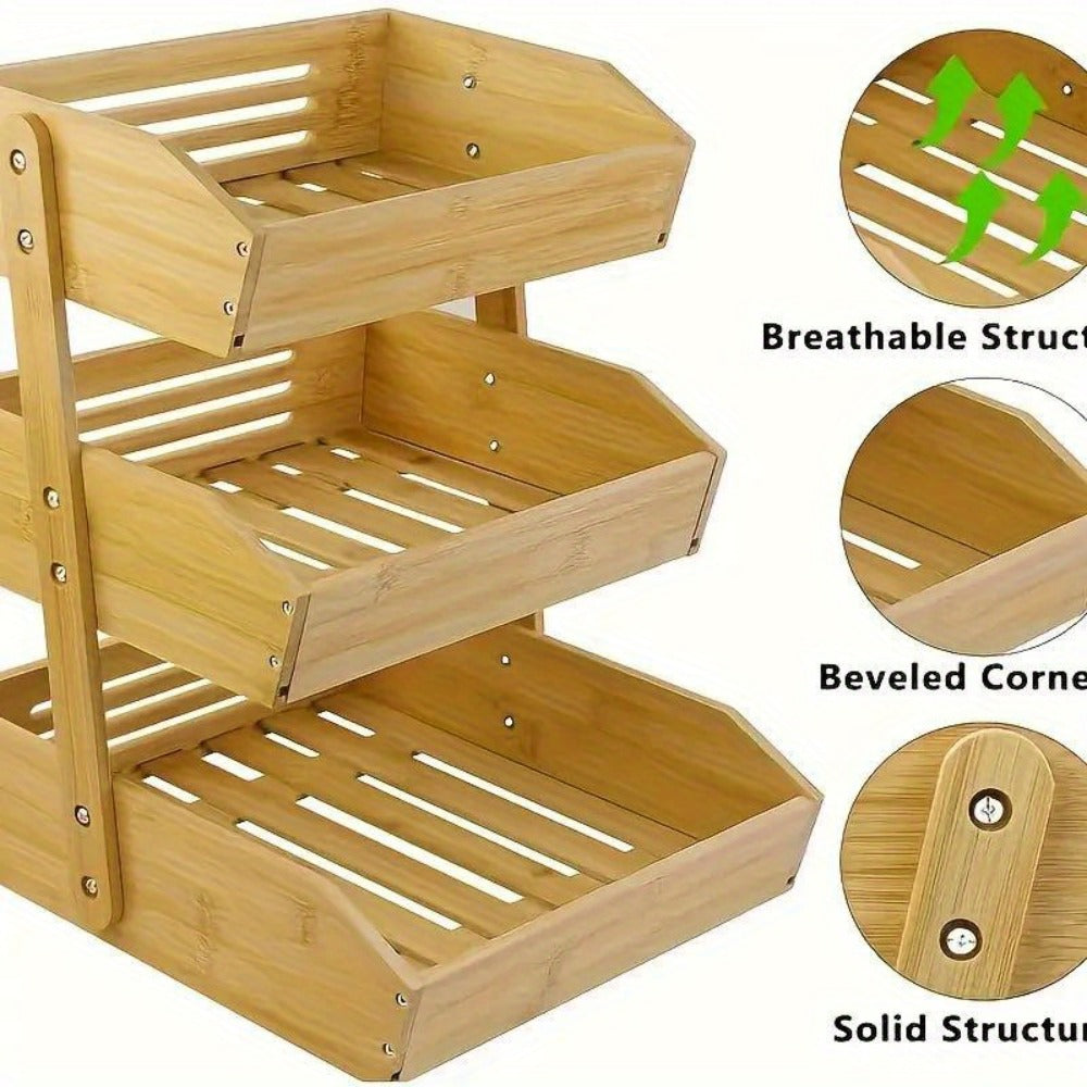 Fruit Rack Kitchen Organizer 2 or 3 Tier Natural Bamboo Freestanding Basket Shelf with Two Hooks