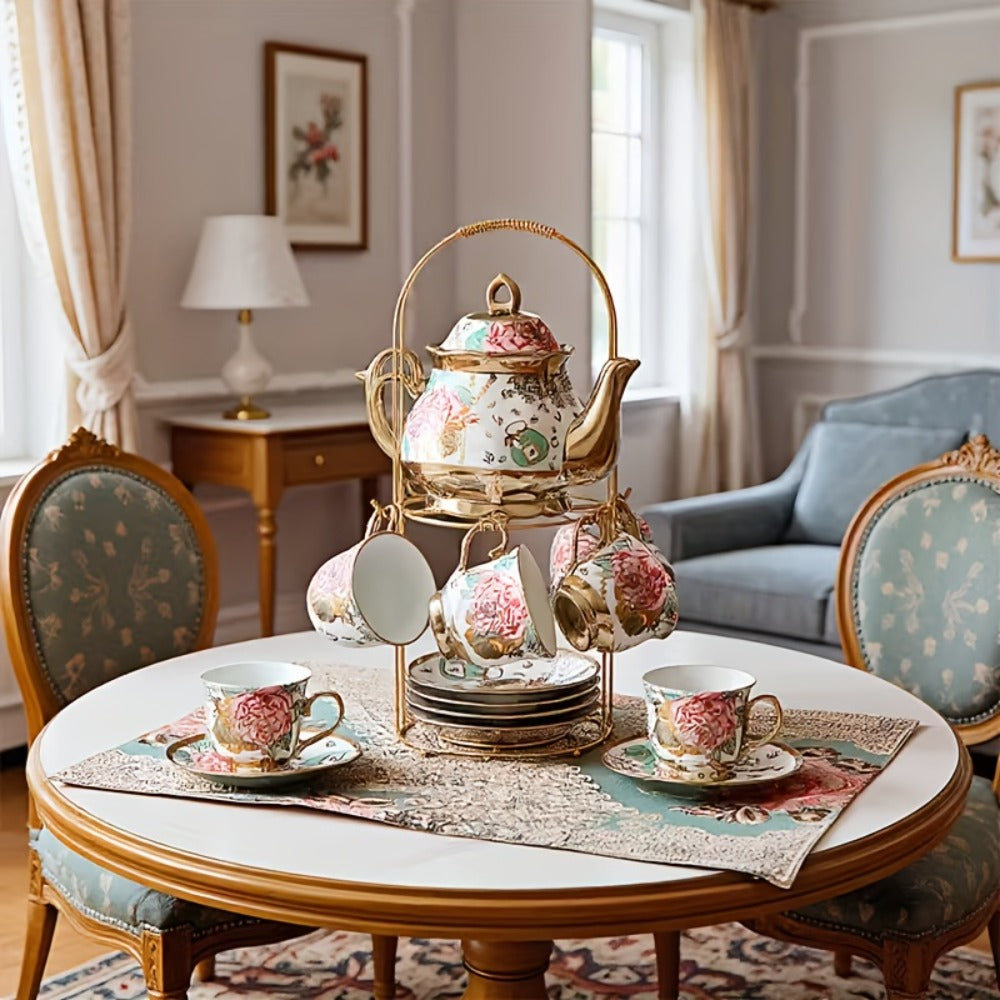 20-Piece Floral Ceramic Tea Set with Saucers & Metal Stand, European Afternoon Tea Service, Blooming Design