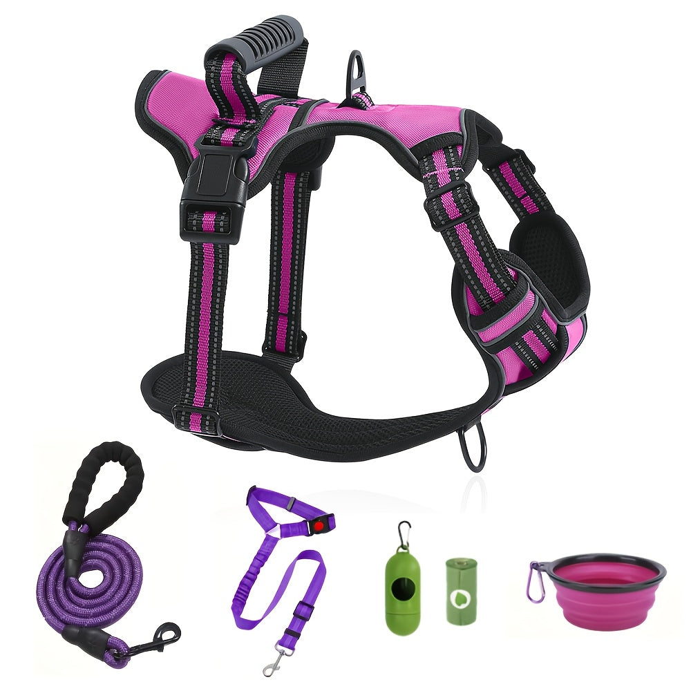 Walking Dog Harness and 5-Foot Leash Set in Five Colors and XS–XL with Front Clip, Top Clip and Handle