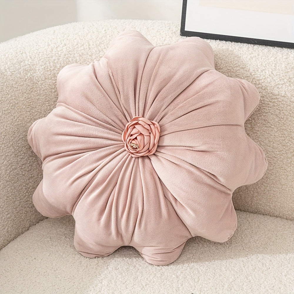 Velvet Flower Shaped Throw Pillow with Pillow Core Elegant Round Cushion Luxury Floral Pillow for Entryways, Bedrooms and Living Spaces