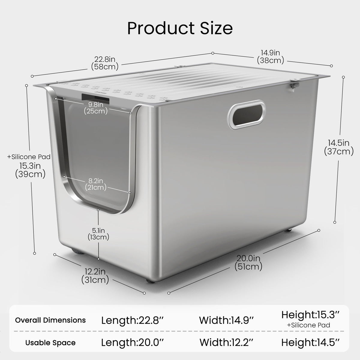 High-sided flip-door stainless steel cat litter box dimensions