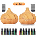 Aroma Diffuser Set 2 Diffusers 6 Essential Oils 550ml Wood Grain Cool Mist Humidifier for Entryways, Bedrooms and Living Spaces
