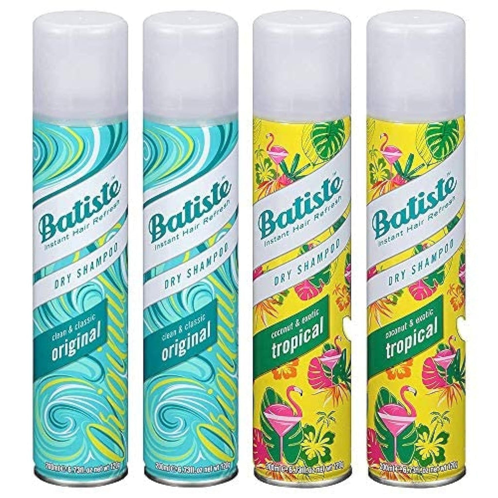 Batiste Dry Shampoo Spray Variety 4 Pack Original & Tropical 200ml Each, Instant Volume & Oil Absorption for All Hair Types
