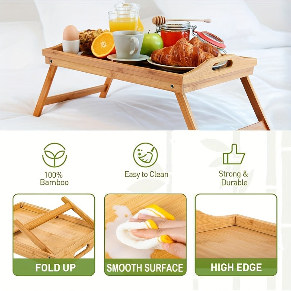 Bamboo Breakfast Tray with Folding Legs & Handles 2 Pack, Extra Wide Foldable Bed Tray Table for Eating