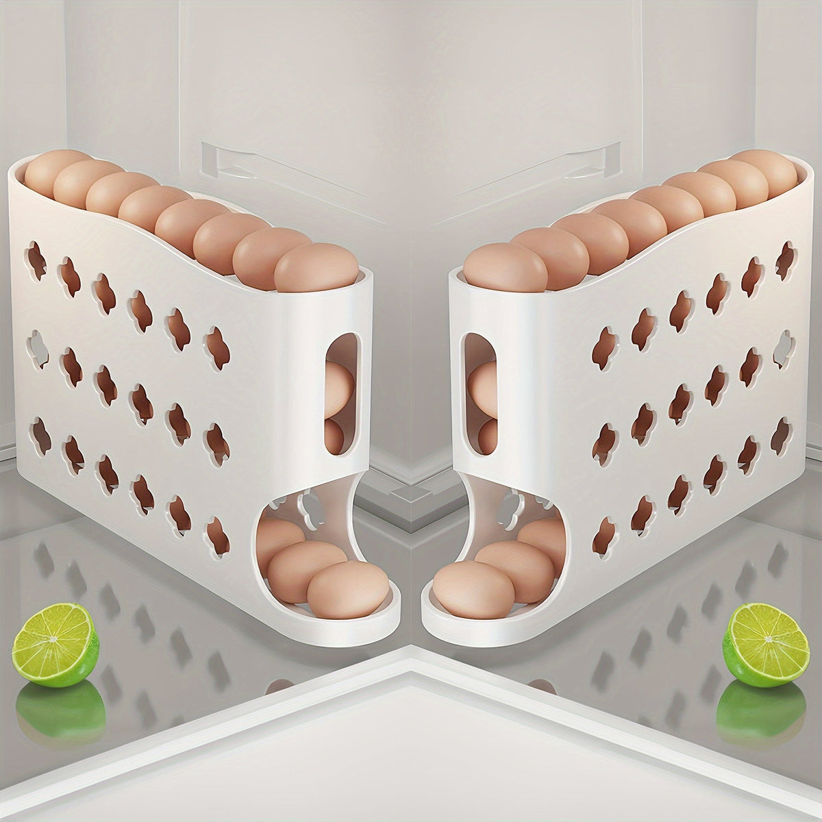 Egg Dispenser Kitchen Organizer 4-Tier Auto-Rolling PP Rack for Refrigerator, Cabinet or Countertop