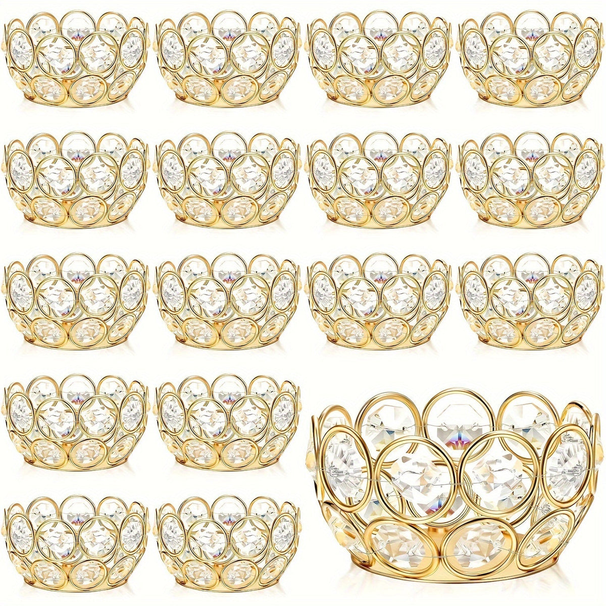Candle Holder Set 20-Piece Tealight Cups with Openwork Crystal-Look Frames in Gold or Silver Finish